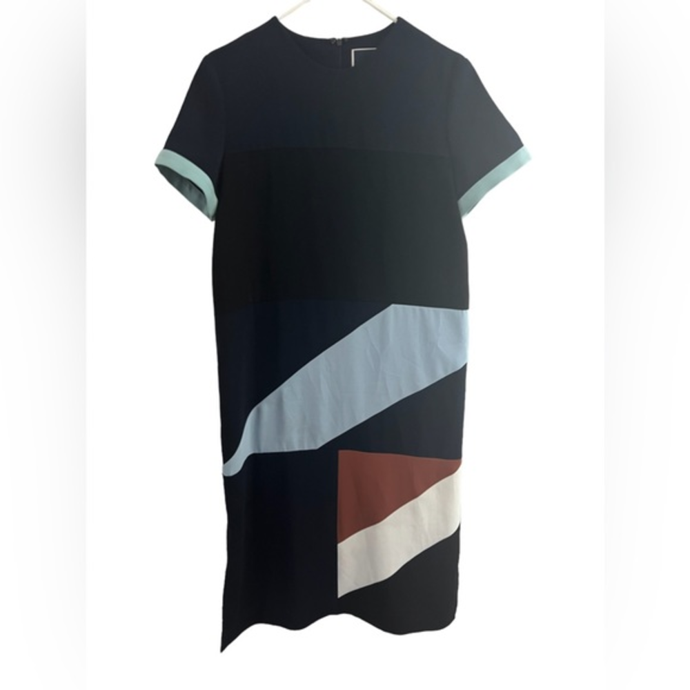 Recto Diagonal Color‎ Block H- Line Round Neck Short Sleeves Deep Slit Dress